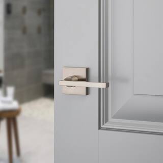 Baldwin Reserve Square Satin Nickel BedBath Door Handle with Contemporary Square Rose PVSQUCSR150