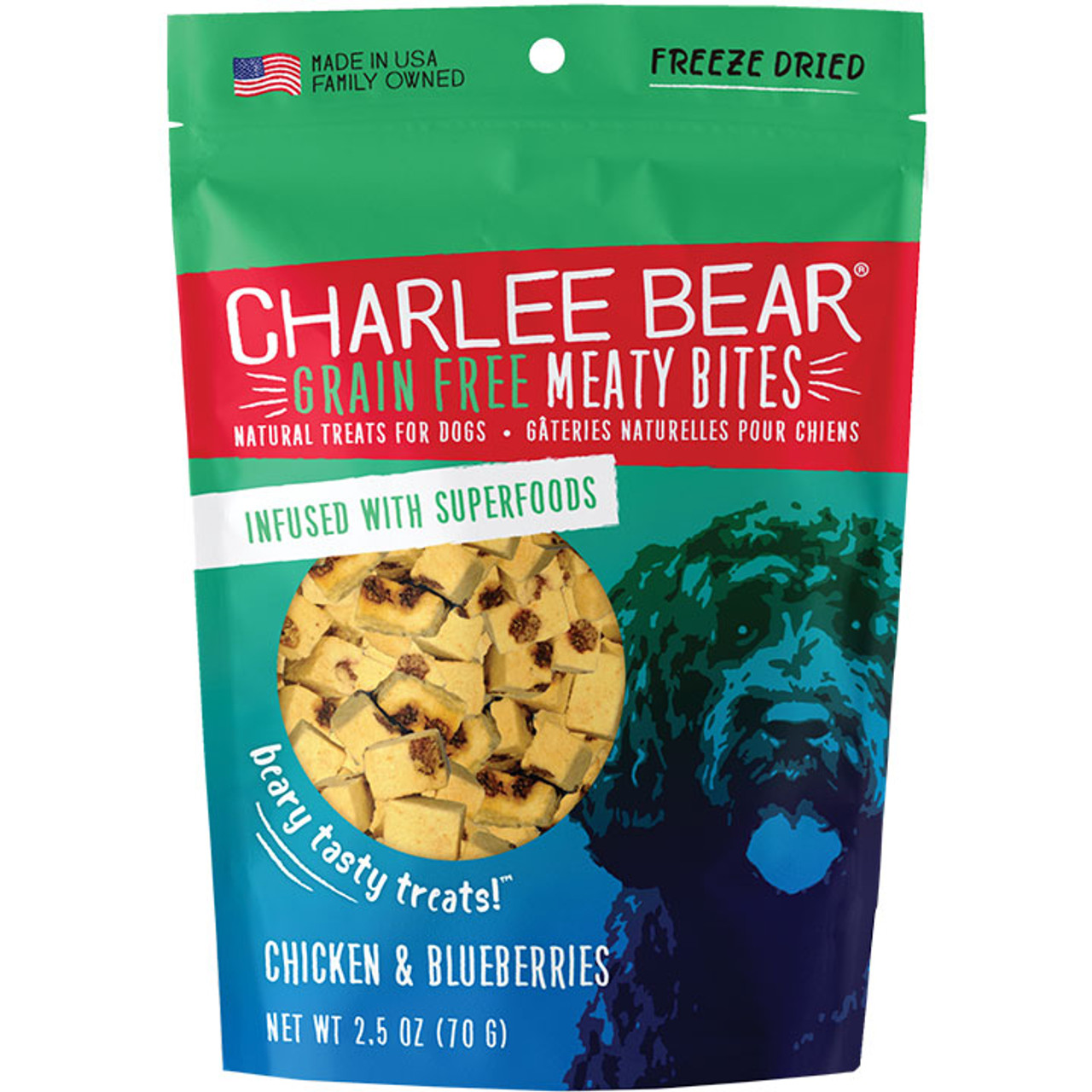 Charlee Bear Grain Free Meaty Bites Chicken and Blueberries Dog Treats， 2.5 Oz. Bag