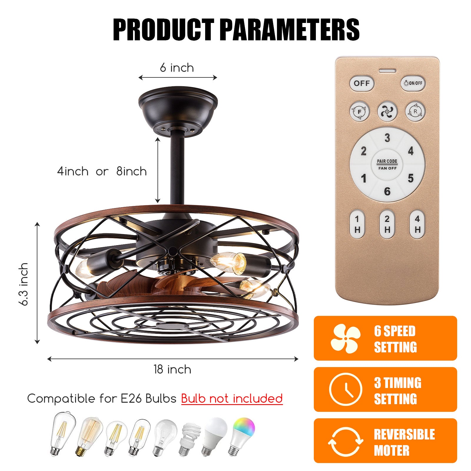 JahyShow Low Profile Caged Ceiling Fan with Lights Remote Control,Bladeless Ceiling fan 6 Speeds Adjustable Modern Enclosed Ceiling Fan Indoor with Reversible Motor Timing