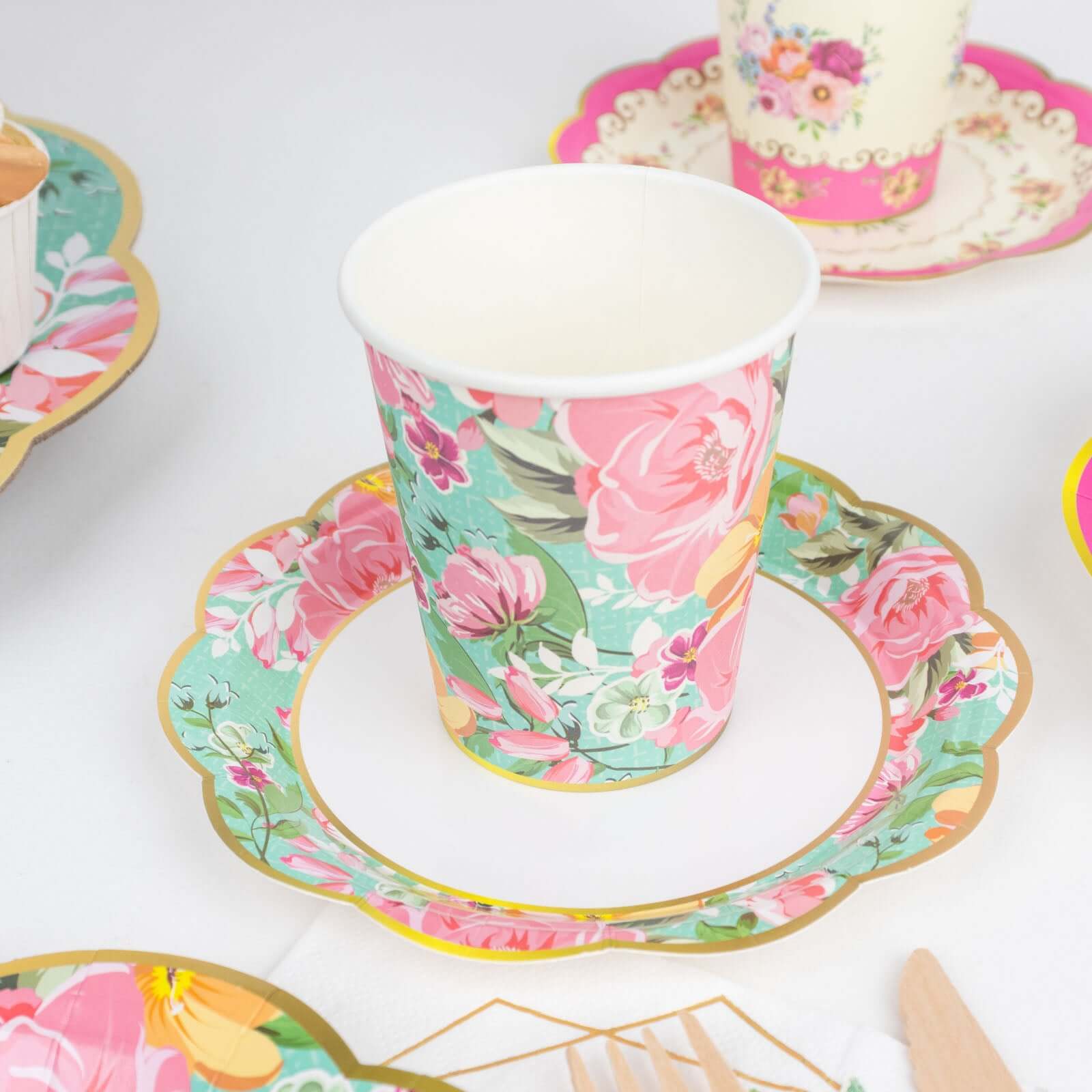 24 Pack Vintage Mixed Floral Paper Cup And Saucer Set, Disposable Tea Party Supplies Kit