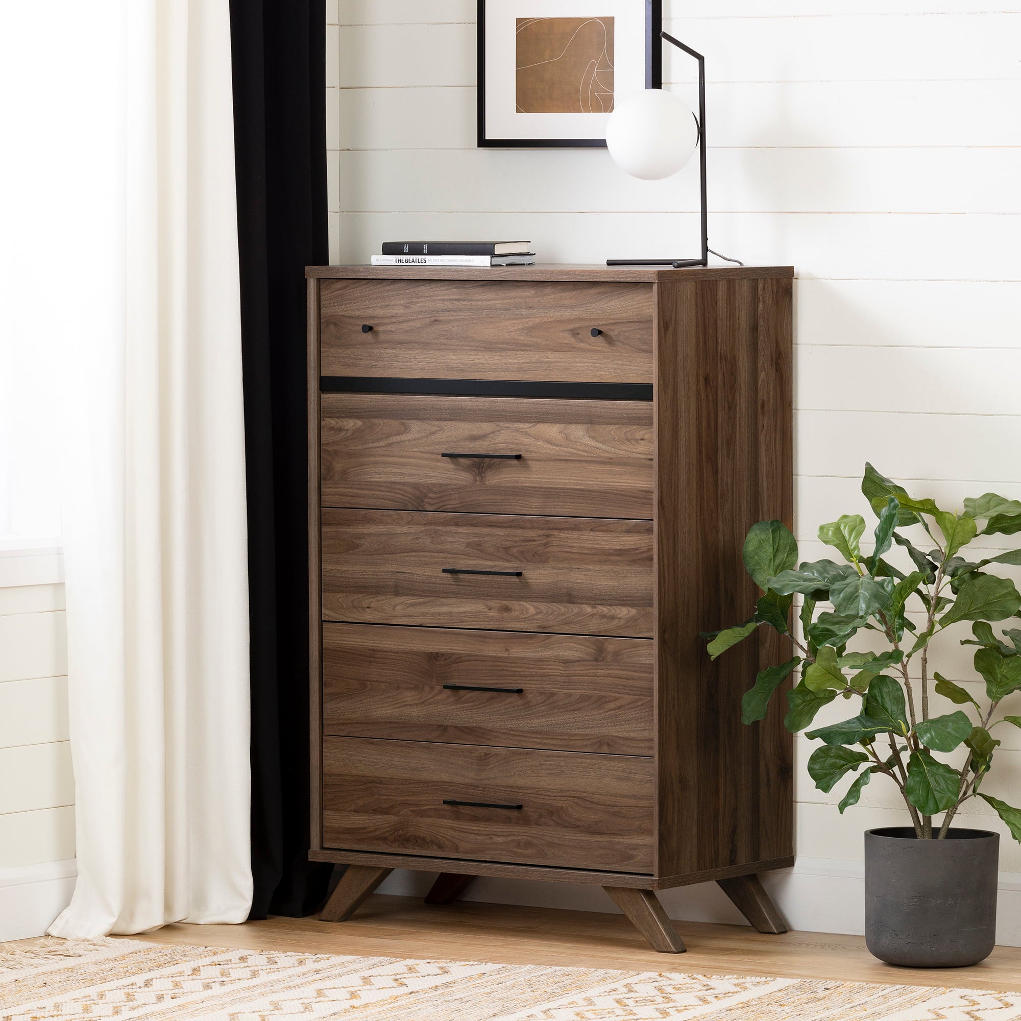 South Shore Flam 5-Drawer Chest, Natural Walnut and Matte Black