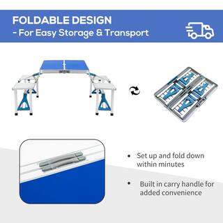 Outsunny Folding Aluminum Outdoor Picnic Table Chair Set with Portable Suitcase Umbrella Hole Handle (4-Seat) A20-203BU