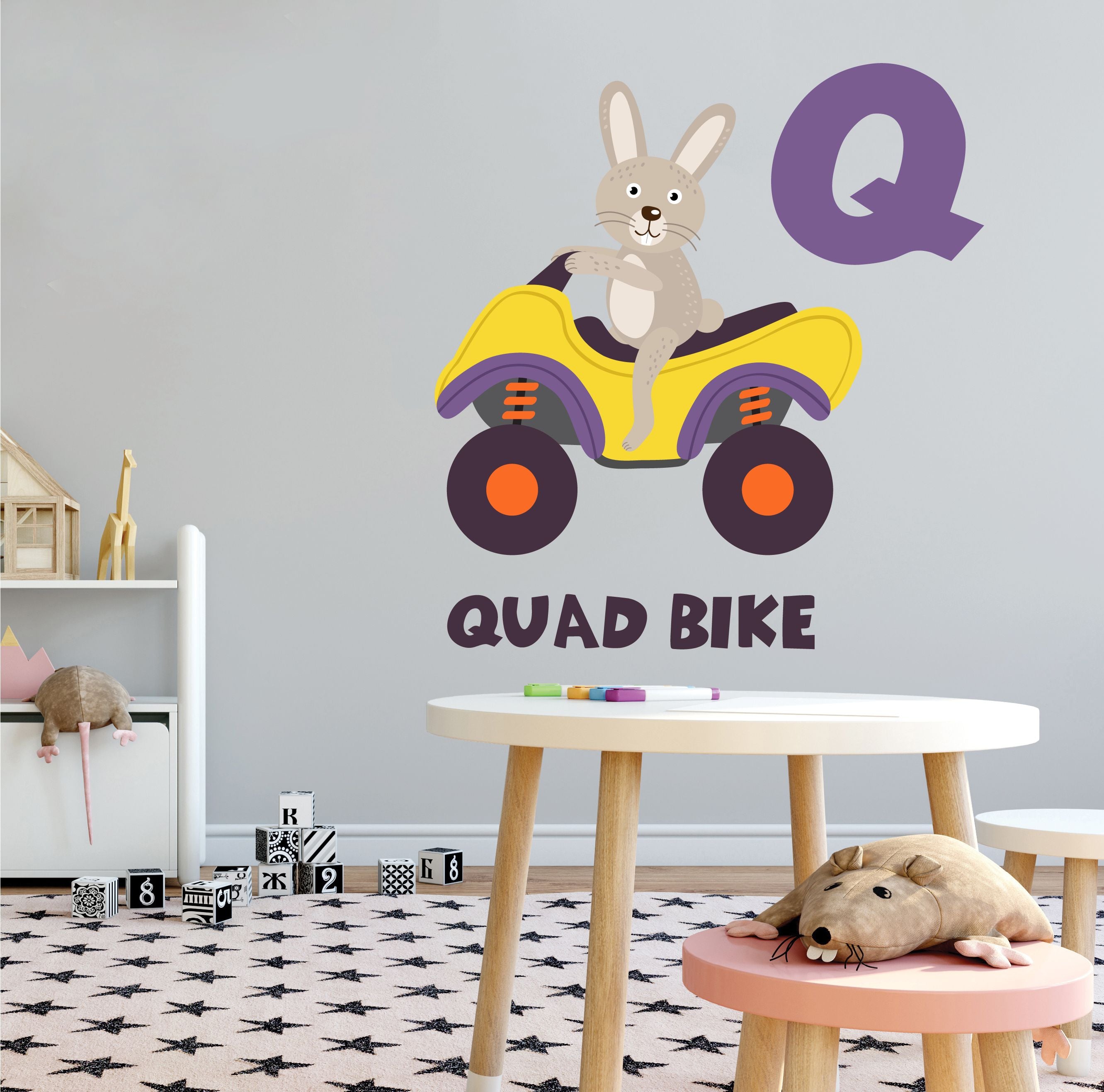 DAYCARE - Adhesive Multicolored Educational Art Quad Bike ATV Bunny Rabbit Animal Decoration Easy To Apply Letter Q Alphabet Kids Nursery Child Care Wall Decal 18" x 20"