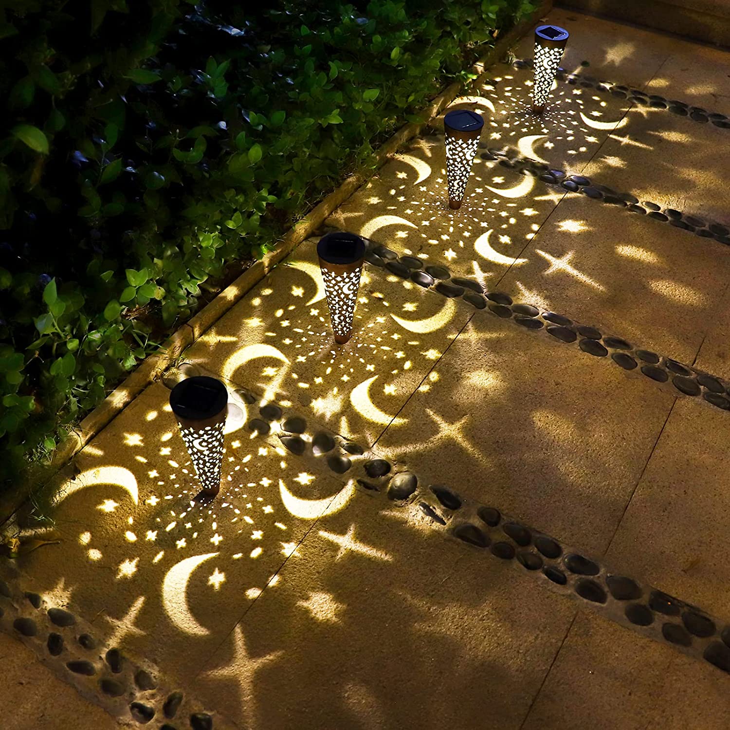 Singingarden Moon Star Garden Solar Lights Outdoor Decor Plastic Waterproof Solar Pathway Lights for Patio，Walkway，Lawn(Bronze， 6Pcs)