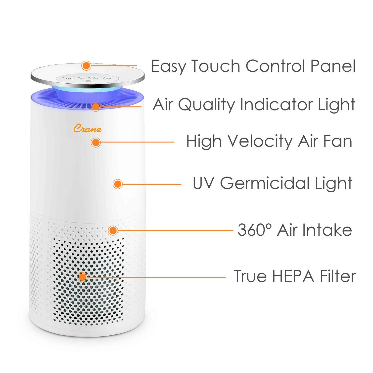 Crane True HEPA Tower Air Purifier with UV Light， 500 Sq Feet Coverage， Multiple Functions， White