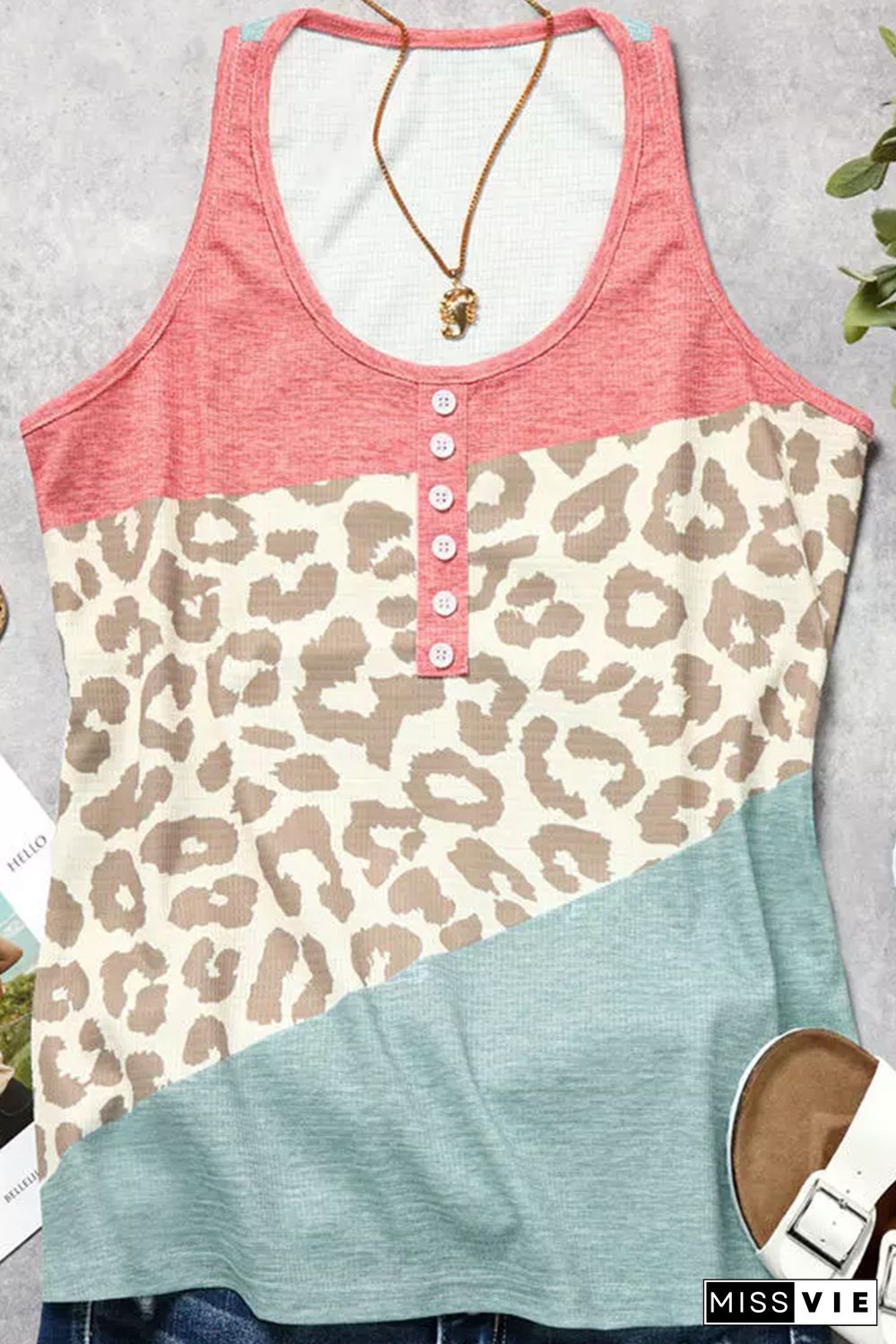 Leopard Color Block Button Casual Tank Top