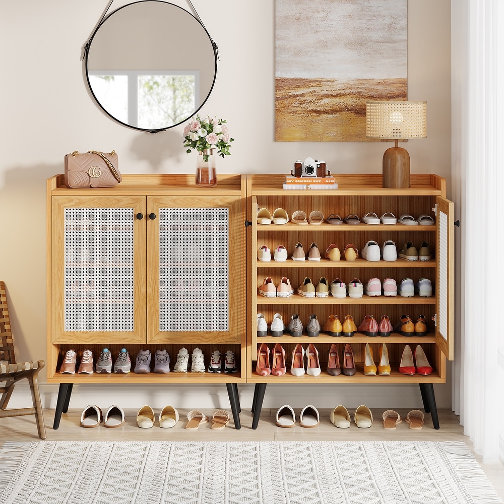 Shoe Cabinet with Doors  Rattan Shoe Storage Cabinet  6 Tier Shoes Organizer Cabinets for Entryway