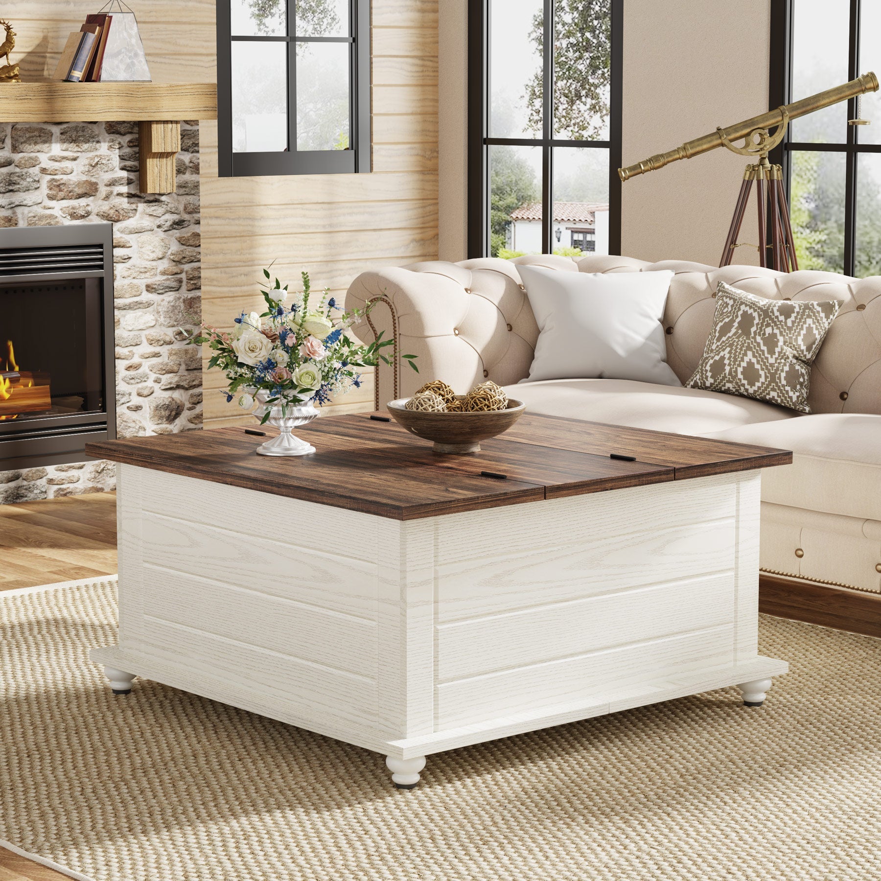 Farmhouse Coffee Table, Wood Center Table with Hidden Storage Compartment