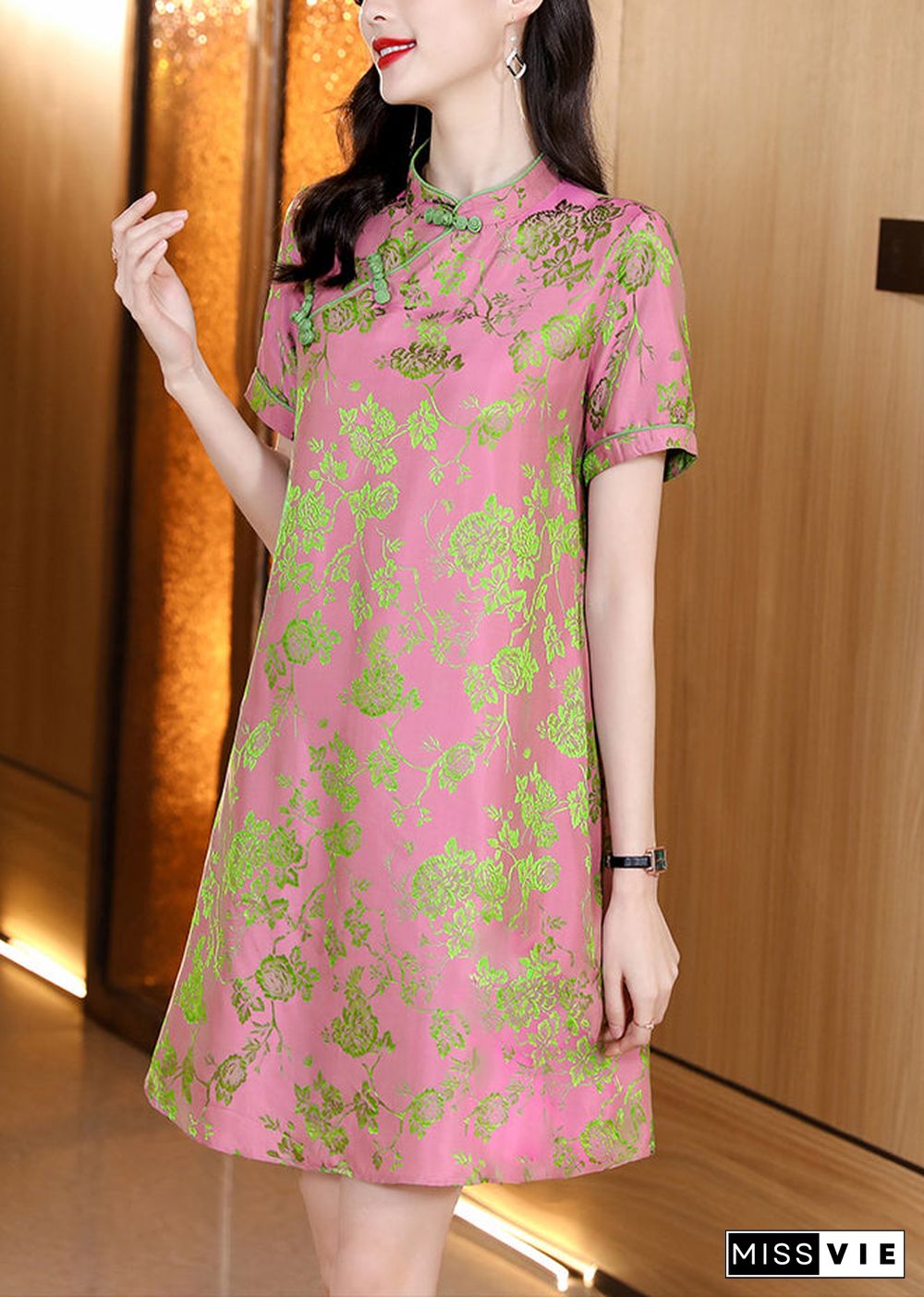 Vintage Pink Mandarin Collar Jacquard Silk cheongsam Dresses Short Sleeve