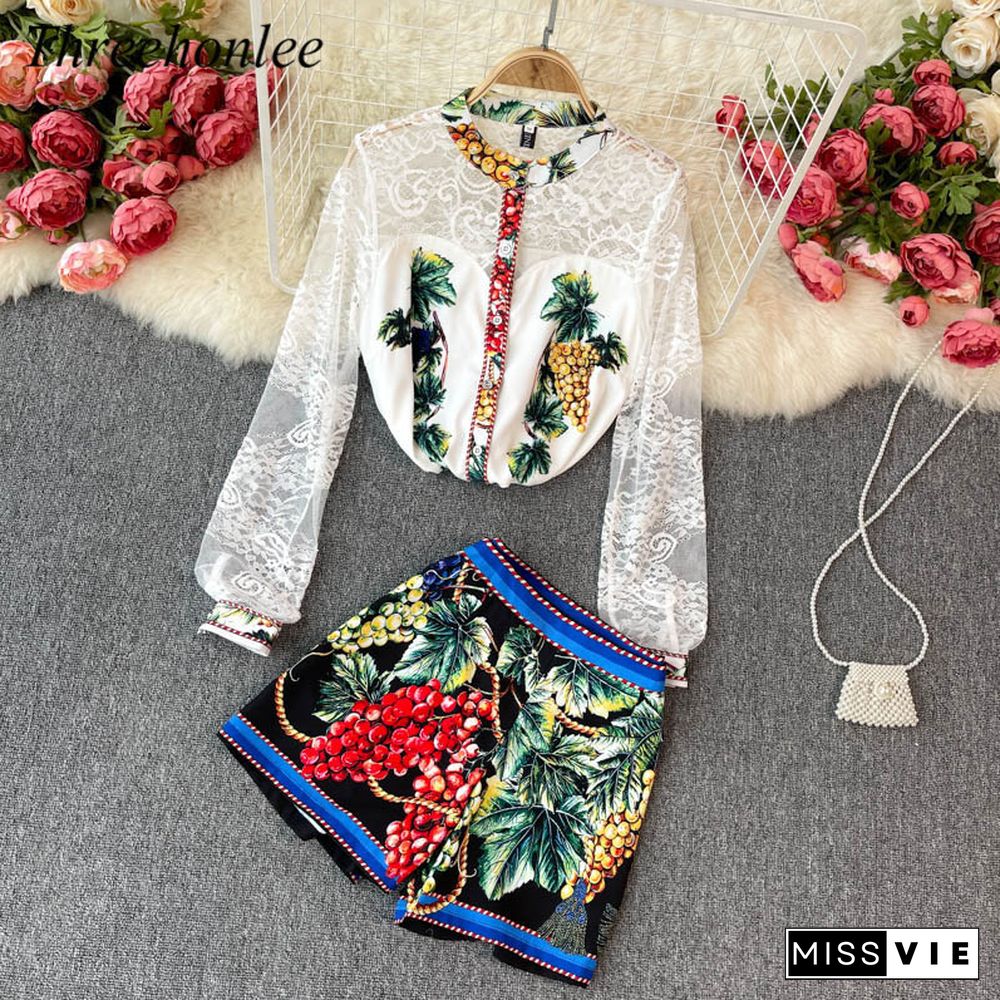 Spring Summer Runway Two Piece Set For Women Designers Fruit Print Lace Shirt And Shorts Suit Party Beach Female Suits Outfit