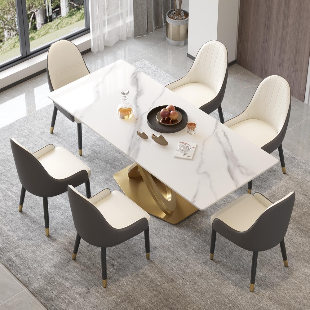 Modern Marble Dining Table with Gold Geometric Base