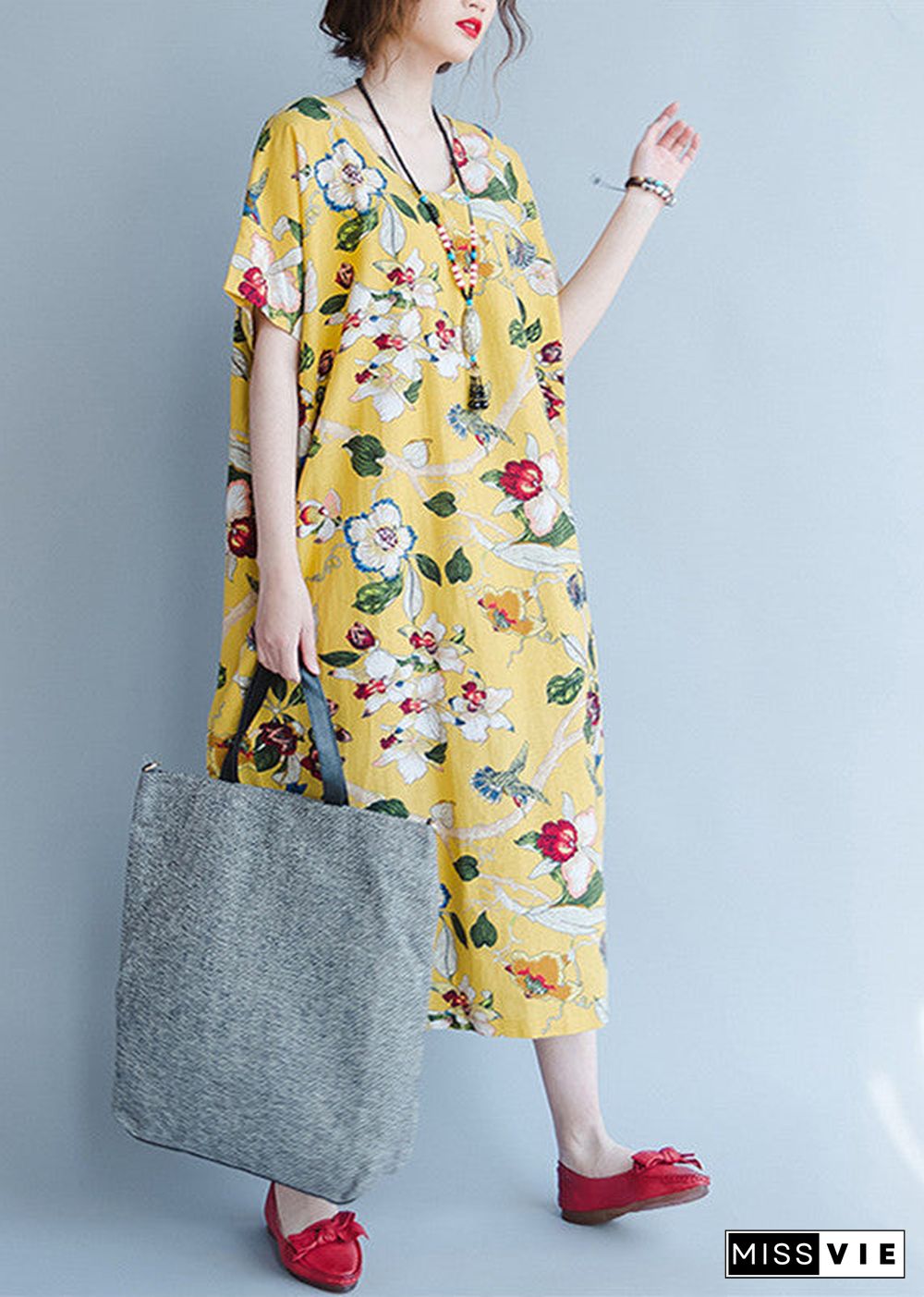 women yellow Midi linen dresses trendy plus size traveling clothing vintage back open floral cotton dresses