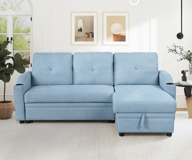 Modern Pull Out Convertible Sleeper Sofa Bed Upholstered 3 Seater Couch With Storage Chaise And Cup Holder modernluxe