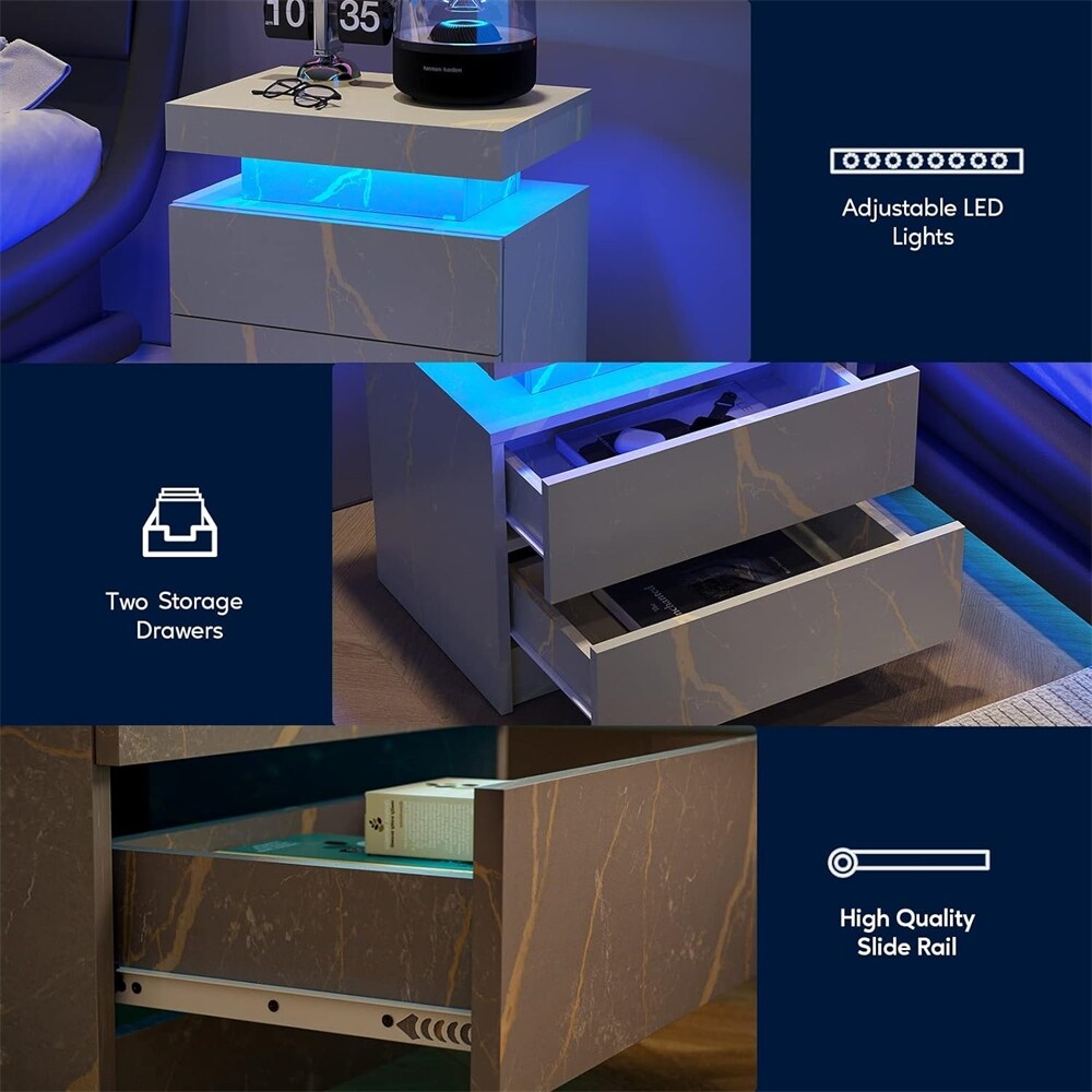 Modern Wood LED Nightstand with 2 Drawers