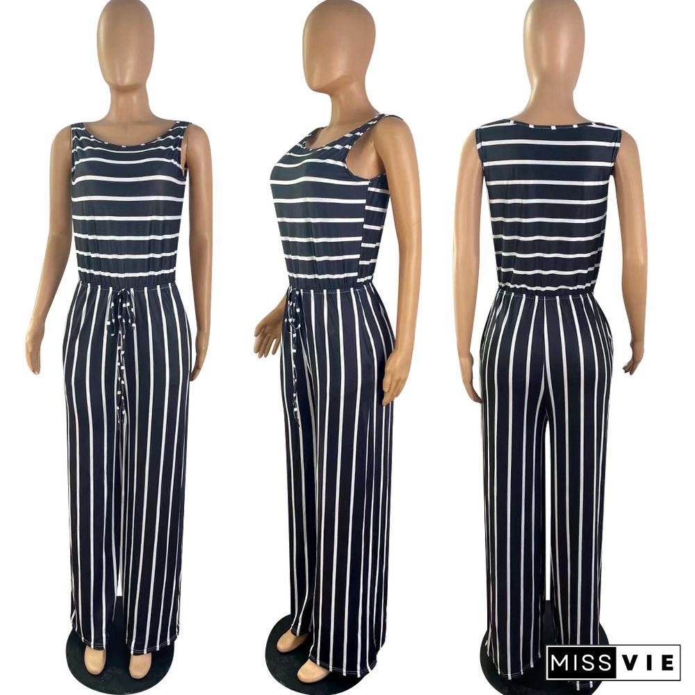 New Striped Lace-Up Sleeveless Wide-Leg Jumpsuit