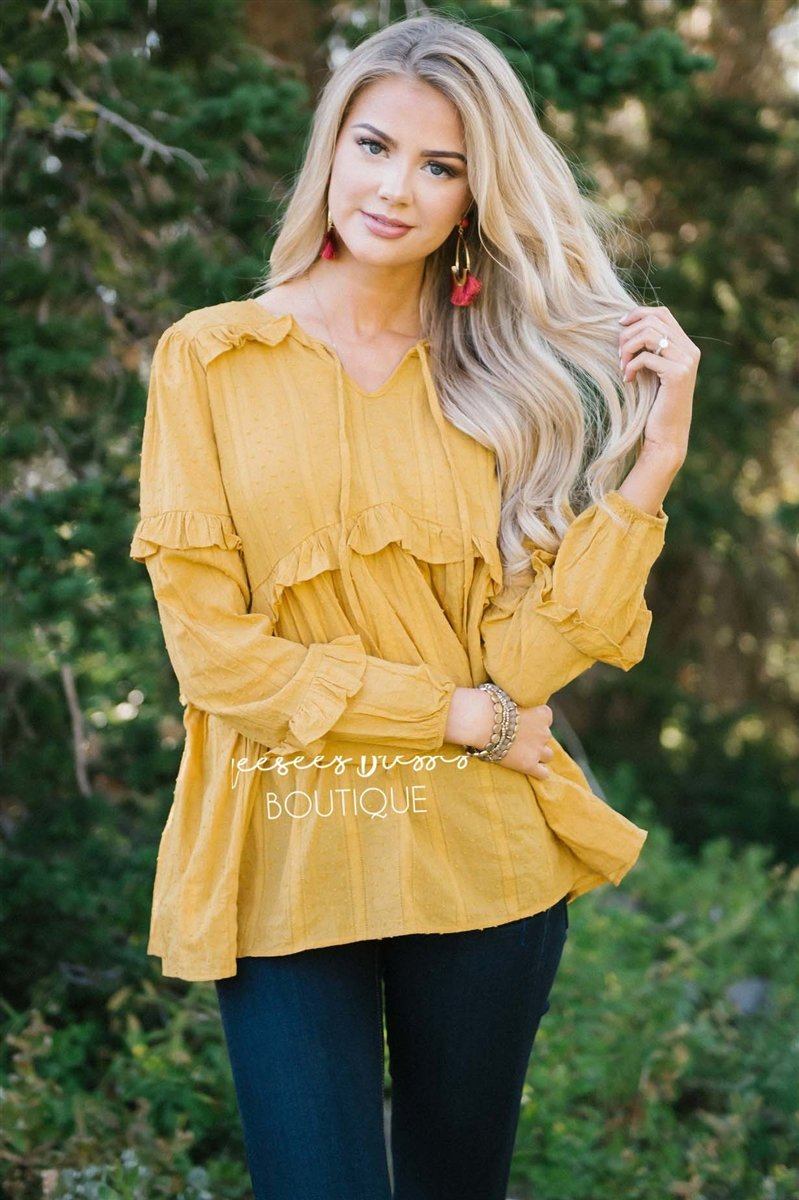 Ruffle Trim Neck Tie Blouse