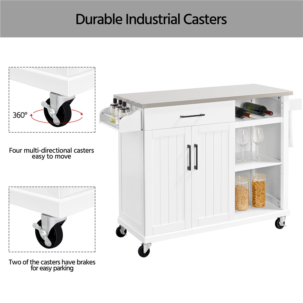 Topeakmart Kitchen Cart with Stainless Steel Top and Storage Kitchen Island on Wheels with Drawer and Cabinet and Open Shelves and Wine Rack and Spice Rack， White