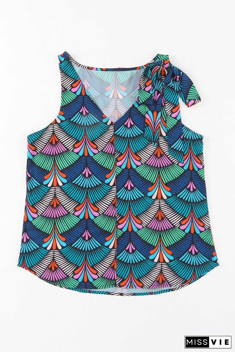 Blue Printed Knotted Shoulder Tank Top