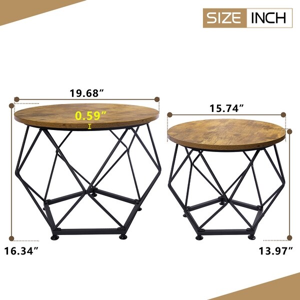 Brown Round Steel Outdoor Coffee Table Set of 2 with Wood Top