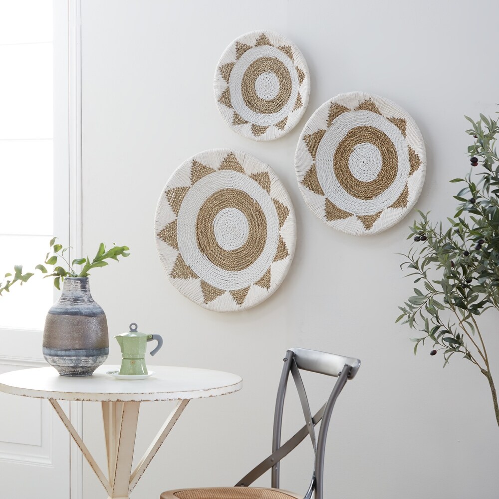 White Cotton Handmade Woven Plate Wall Decor (Set of 3)   24 x 3 x 24