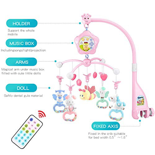 caterbee Baby Mobile for Crib with Music， Crib Mobile for Girls with Lights and Musical， Remote and Toys for Pack and Play，Stroller Accessories. Material:ABS+Plastic (Pink-Bee)