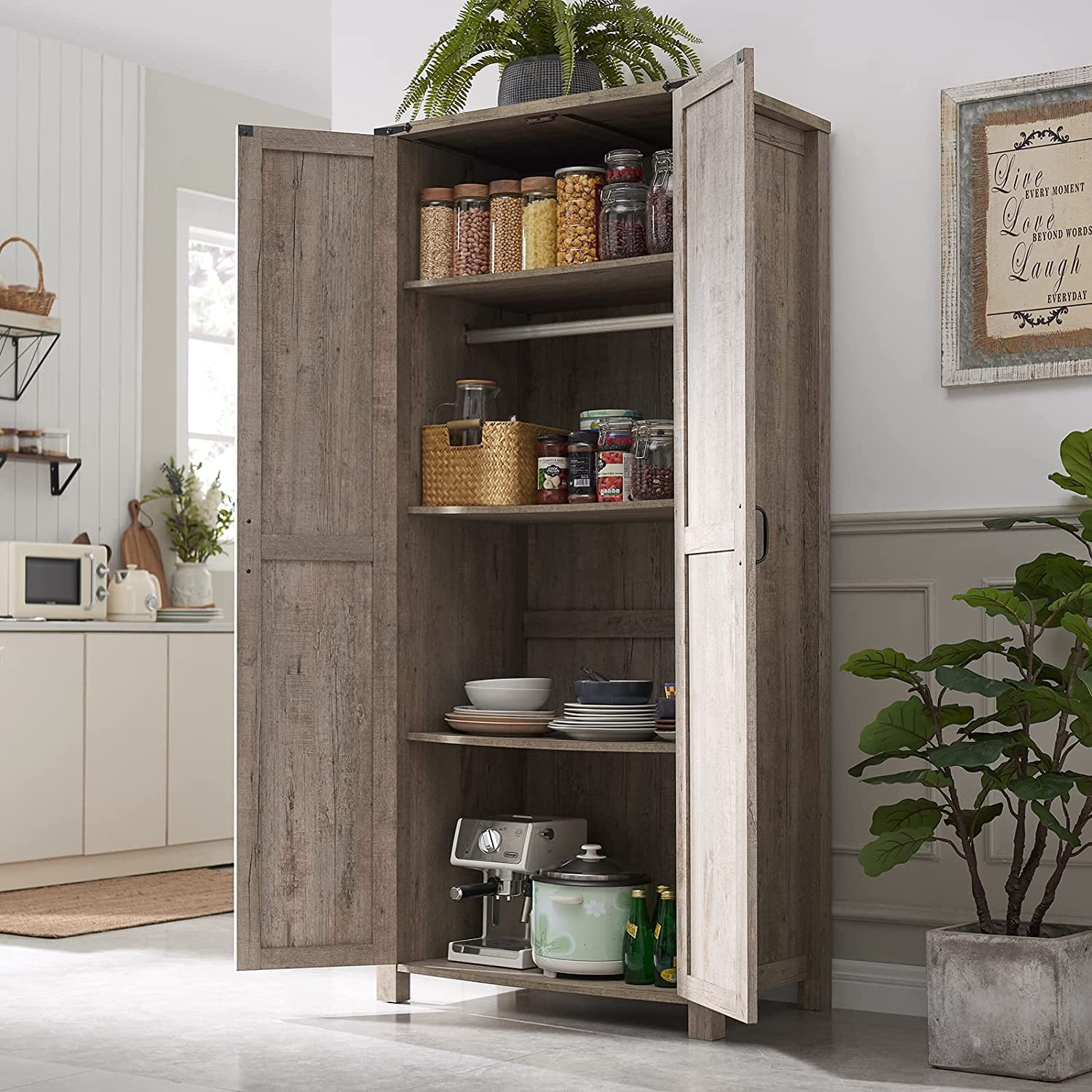 OKD 2-Door Kitchen Pantry Bathroom Storage Cabinet， Light Rustic Oak