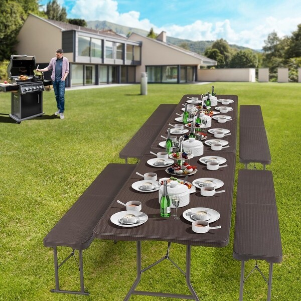 6 Foot Plastic Folding Table Portable Long Table for Indoor Outdoor Use with Carrying Handle，Rattan Patterned HDPE Tabletop