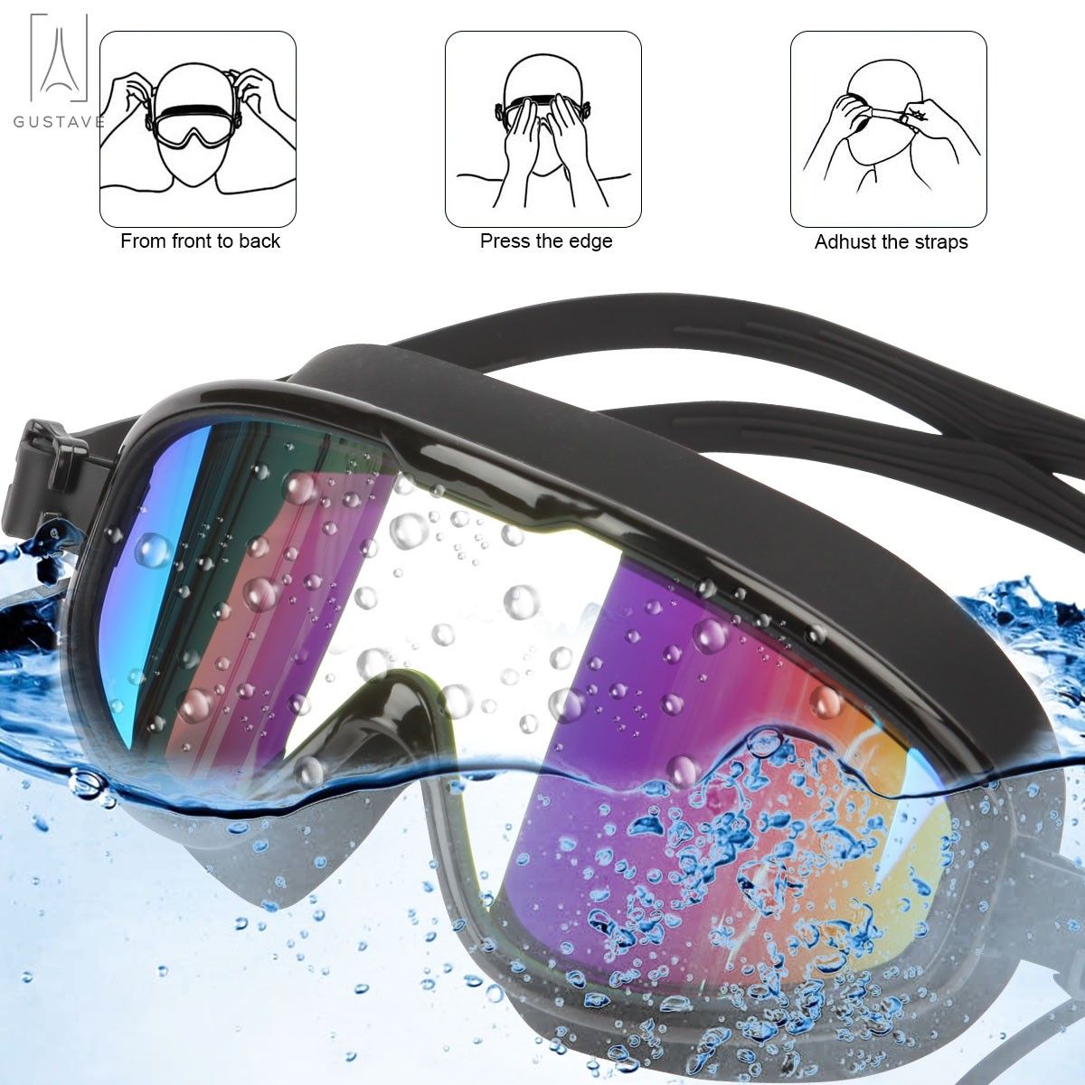 Gustavedesign Swimming Goggles Anti-UV Anti-Fog No Leaking Goggle Mirror Clear Swim Glasses for Adult Men Women Youth with Free Protection Case (Black)