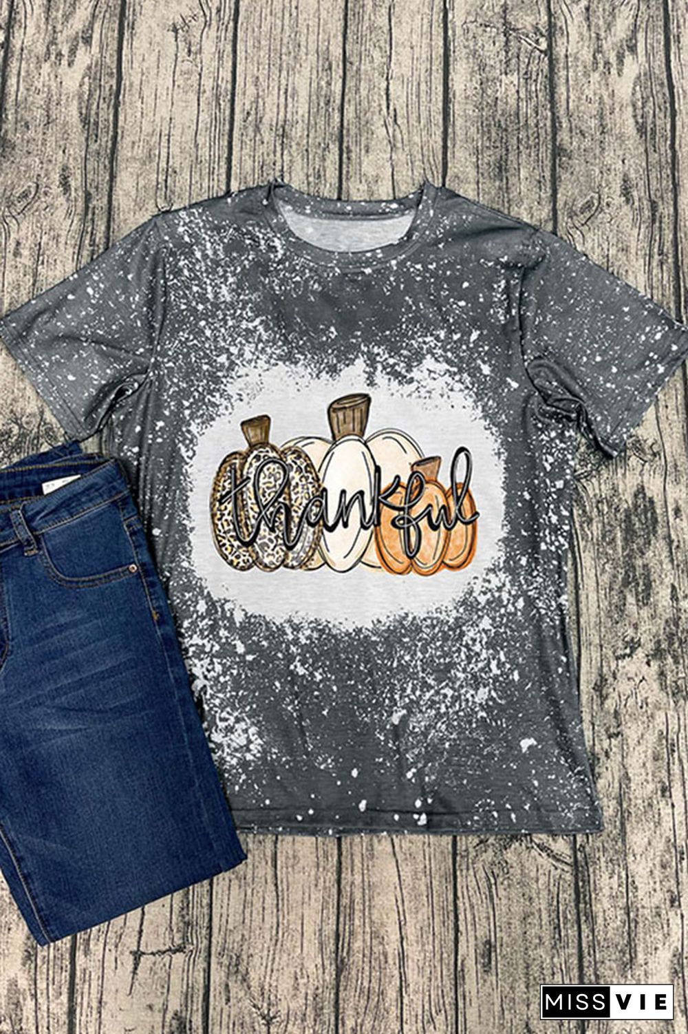 Thanksgiving,Thankful Pumpkin Bleached Graphic Tee Wholesale