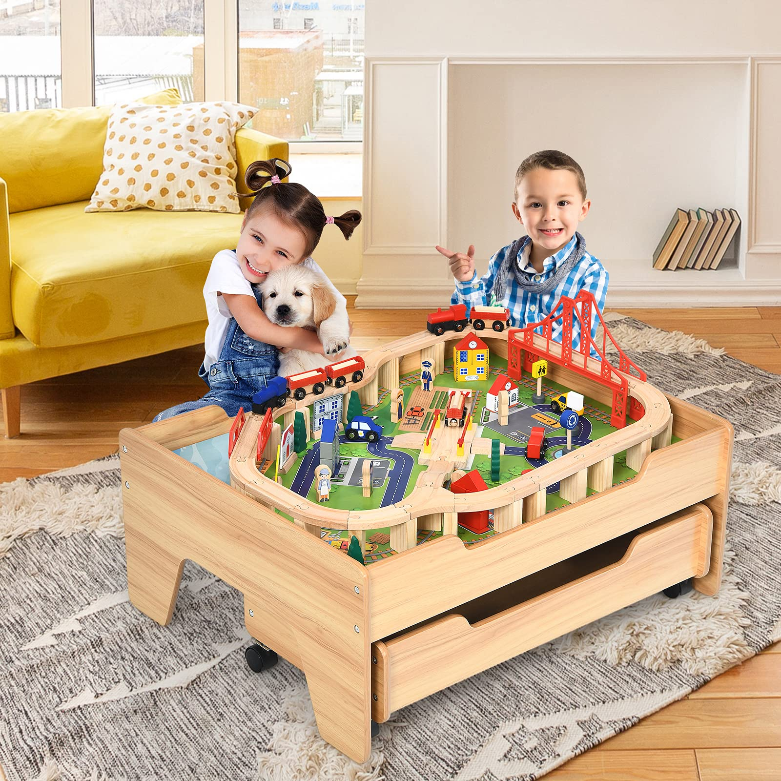 Costzon Train Table, Wood Kids Activity Table w/Storage Drawer, 100 Multicolor Pieces