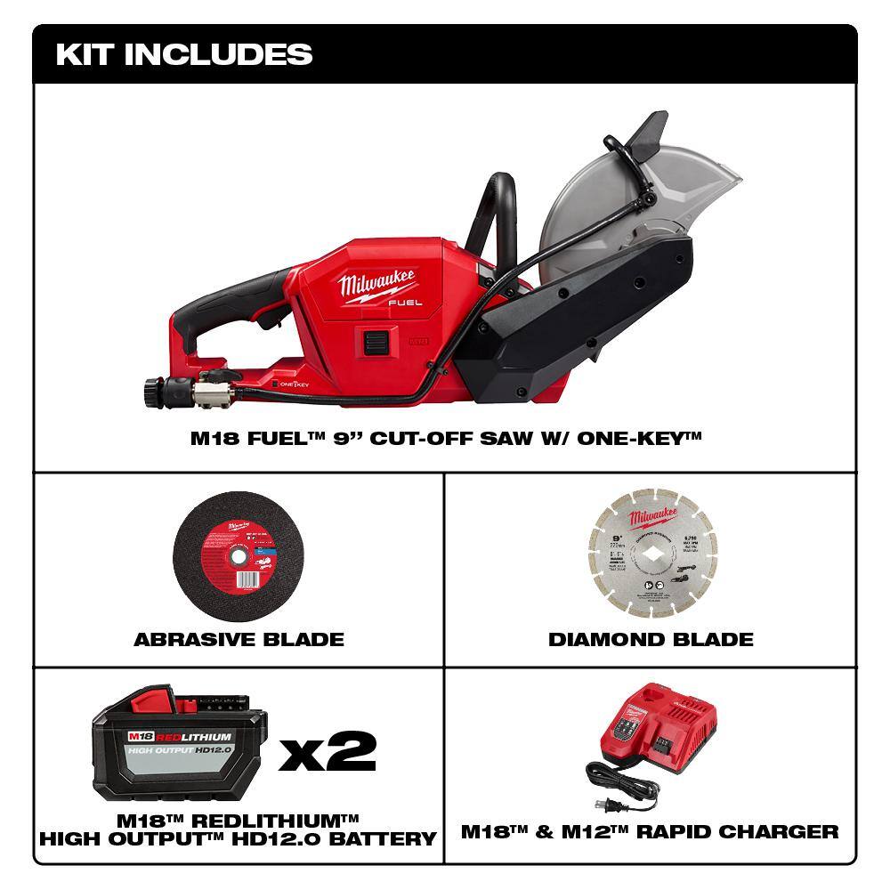 MW M18 FUEL ONE-KEY 18V Lithium-Ion Brushless Cordless 9 in. Cut Off Saw Kit W(2) 12.0Ah Batteries  Rapid Charger 2786-22HD