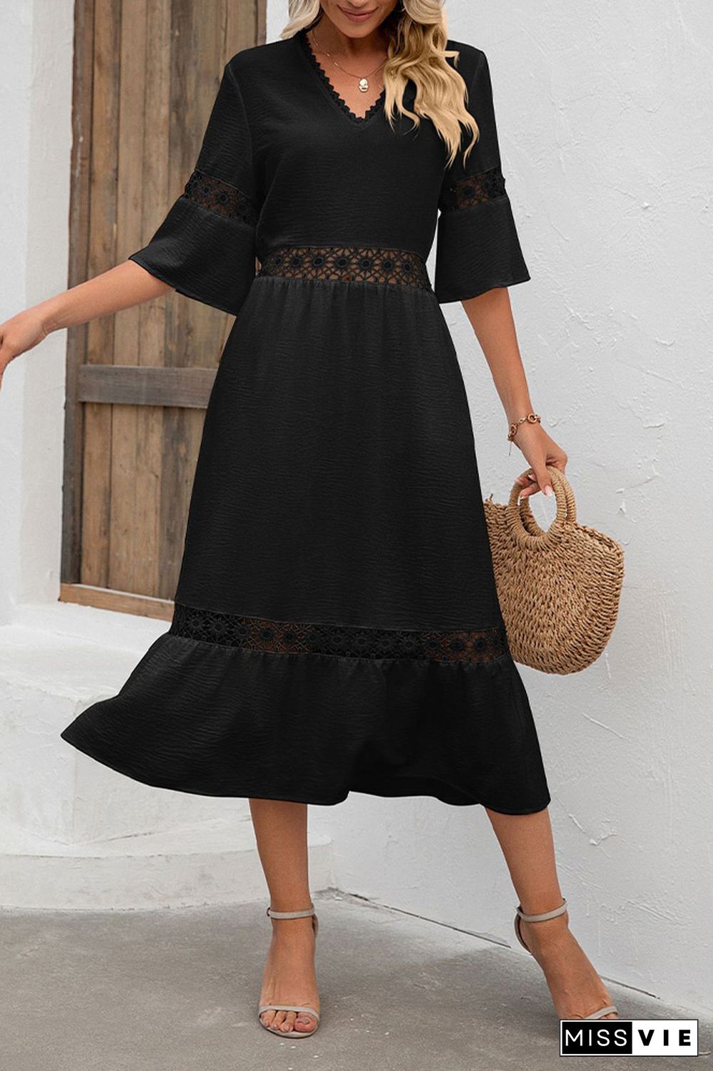 Plain V Neck Hollow Out Lace Splicing Maxi Dress