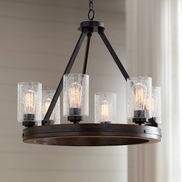 Wide Rustic Farmhouse Clear Seeded Glass 6 light Fixture For Dining Room