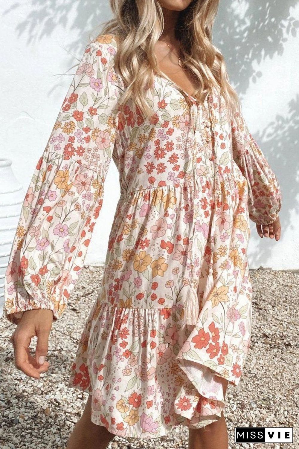 Floral Printed V-Neck Tassel Dress