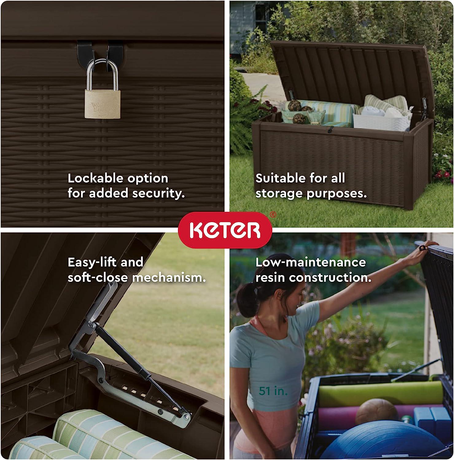 Keter Borneo 110 Gallon Resin Deck Box - Organization and Storage for Patio Furniture, Outdoor Cushions, Throw Pillows, Garden Tools and Pool Toys, Brown