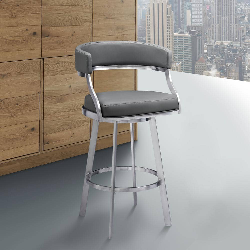 Armen Living Saturn Contemporary 30 in. Bar Height Bar Stool in Brushed Stainless Steel and Grey Faux Leather LCSNBABSGR30