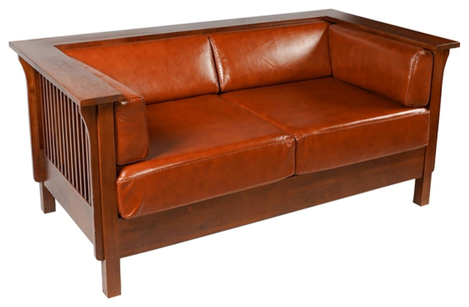 Arts and Crafts / Craftsman Cubic Slat Side Love Seat   Russet Brown Leather (RB   Craftsman   Loveseats   by Homesquare  Houzz