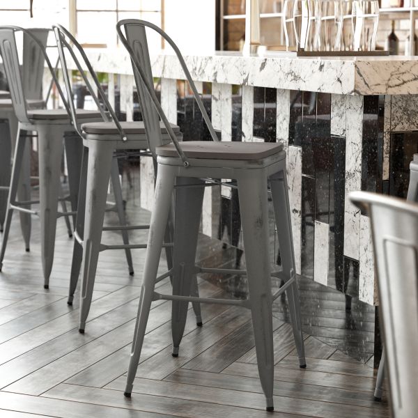 Lincoln 30'' High Clear Coated Indoor Barstool with Back and Gray Poly Resin Wood Seat