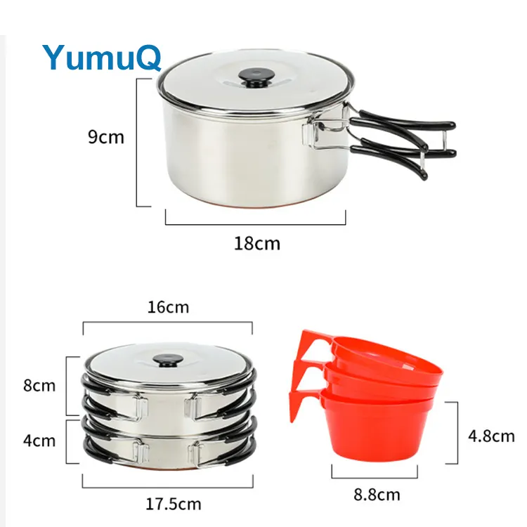 YumuQ 6 Pieces Stainless Steel Camping kitchen Cookware Set With Plastic Cup For Outdoor Hiking Travel Picnic