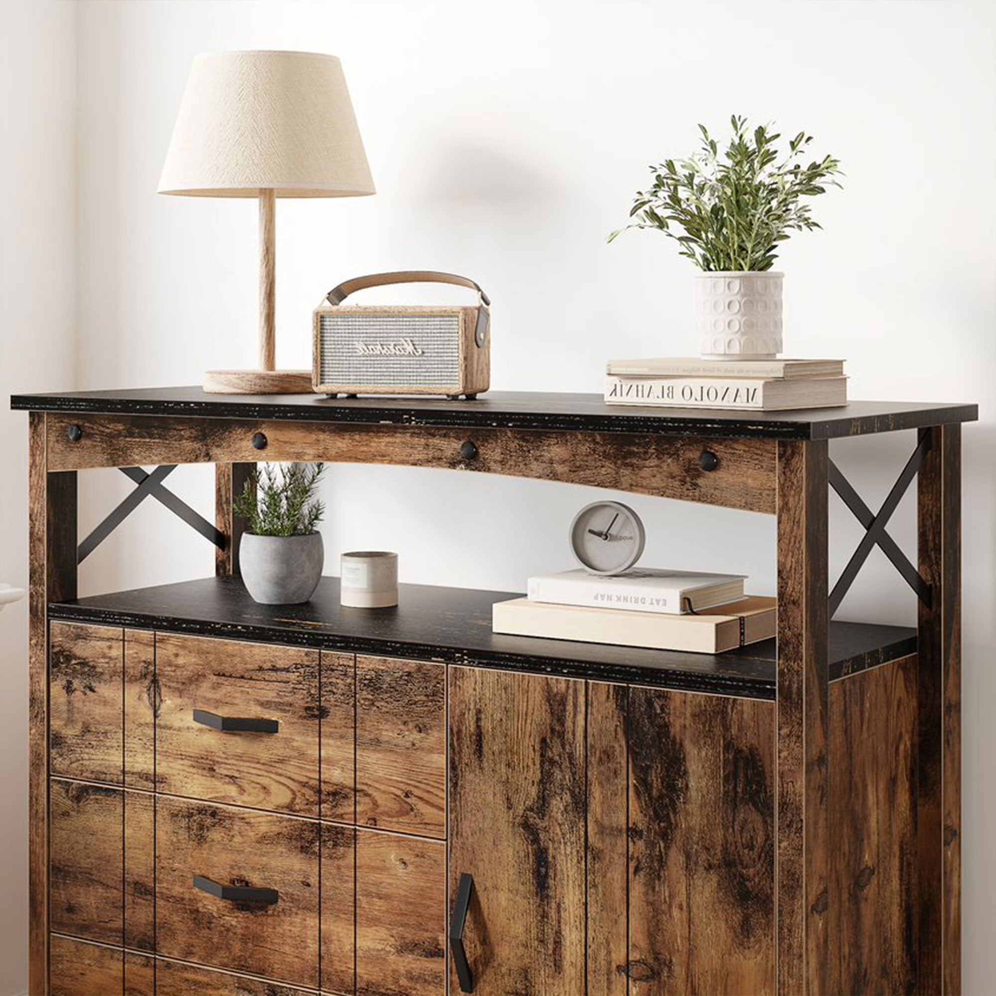 Bestier Living Room Storage Cabinet w/ 3 Drawers, Rustic Brown (Open Box)