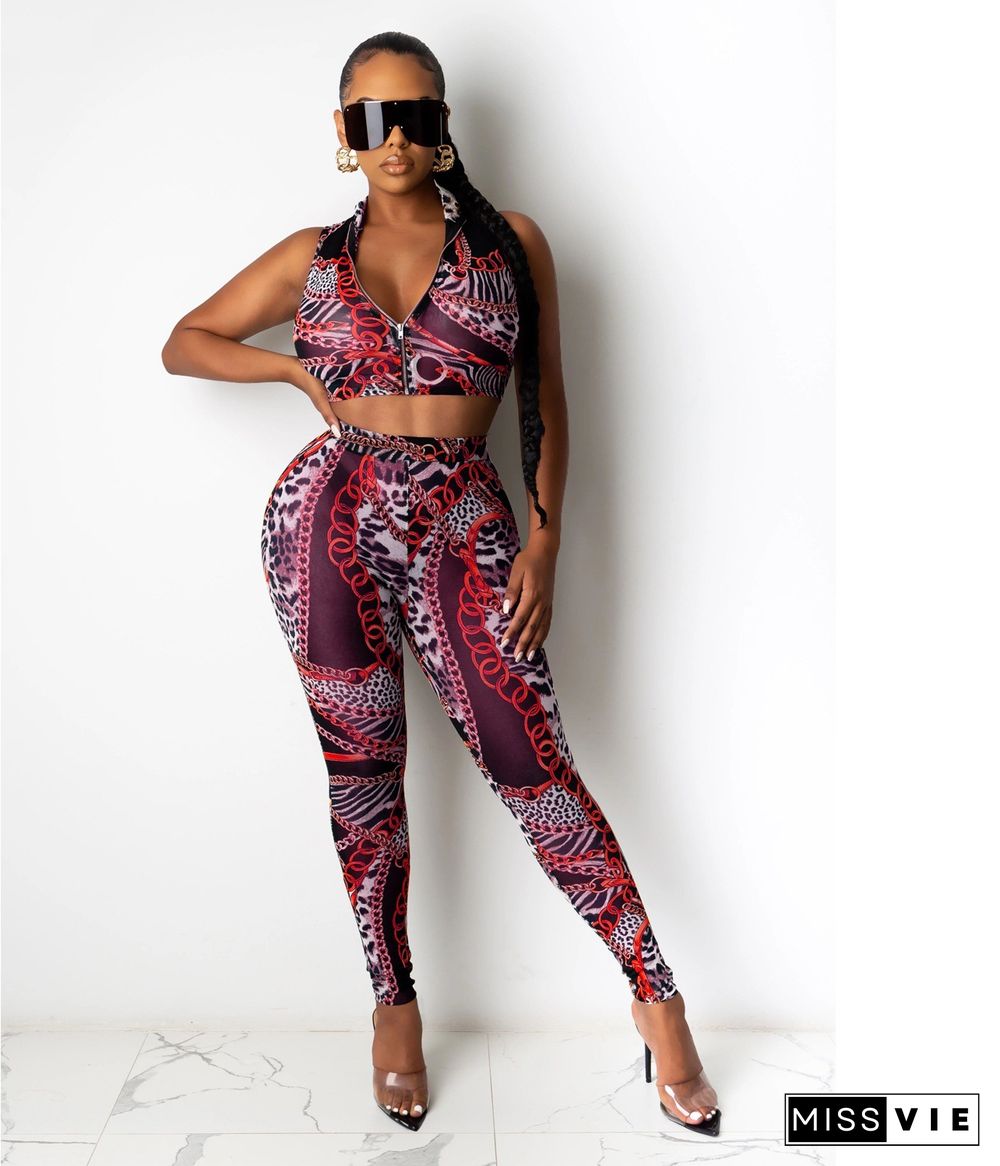 Sexy Chain Print Sleeveless Vest Pants Two-piece Set