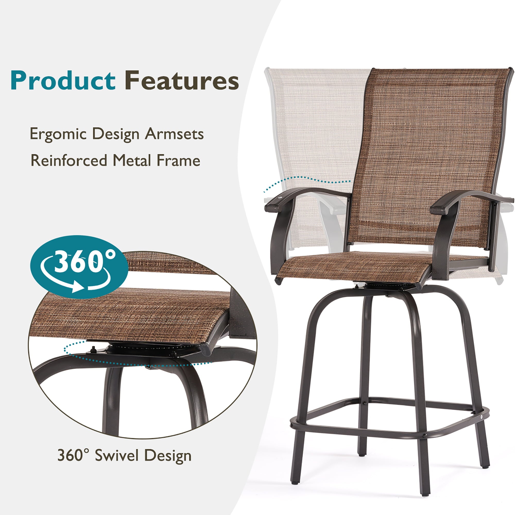 BaPiPro 2 PCS Swivel Bar Stools Set， Bar Height Patio Bistro Set Textilene Fabric， Suitable for Porch， Outdoor Kitchen， Backyard and Swimming Pool