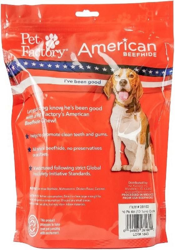 Pet Factory American Beefhide 4-inch Rolls Chicken Flavored Chewy Dog Treats， 10 count