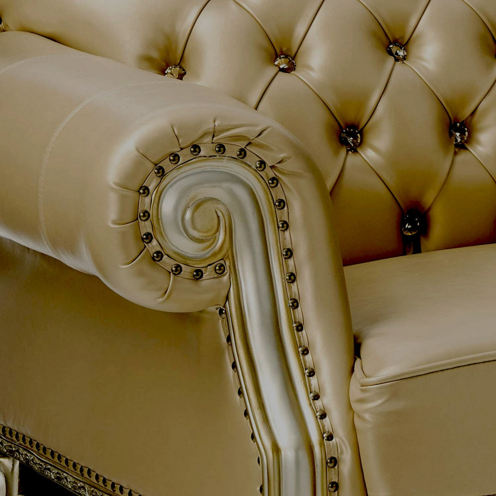 Traditional Button Tufted Leatherette Chair With Carved Details  Gold   Victorian   Armchairs And Accent Chairs   by VirVentures  Houzz