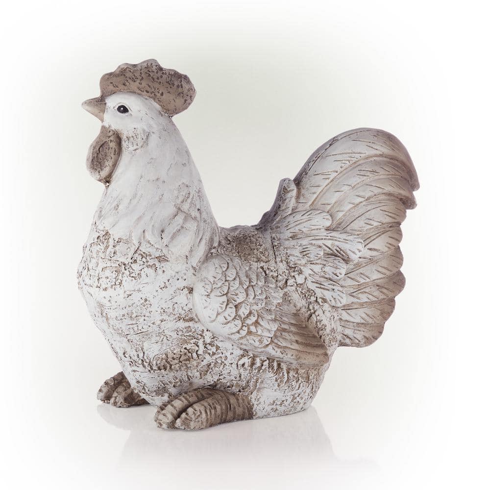 Alpine Corporation 14 in. H Indoor/Outdoor Sitting Rooster Decorative Garden Statue, White QWR1068