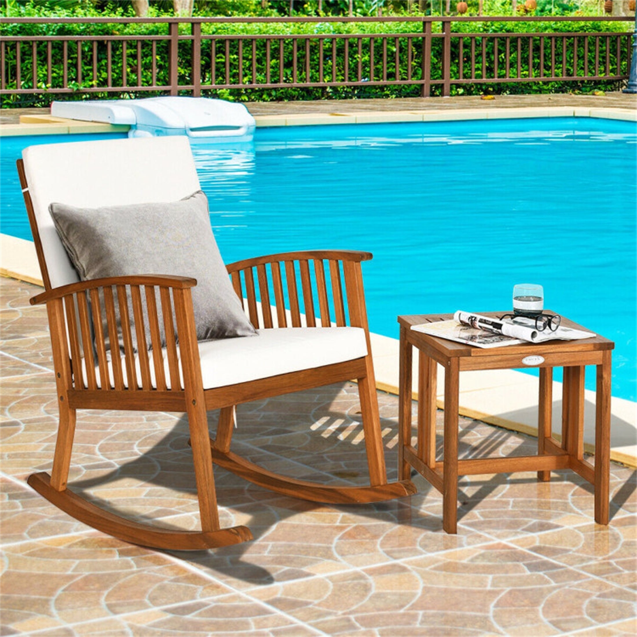 2 Pieces Acacia Wood Patio Rocking Chair Table Set -  - 37563814