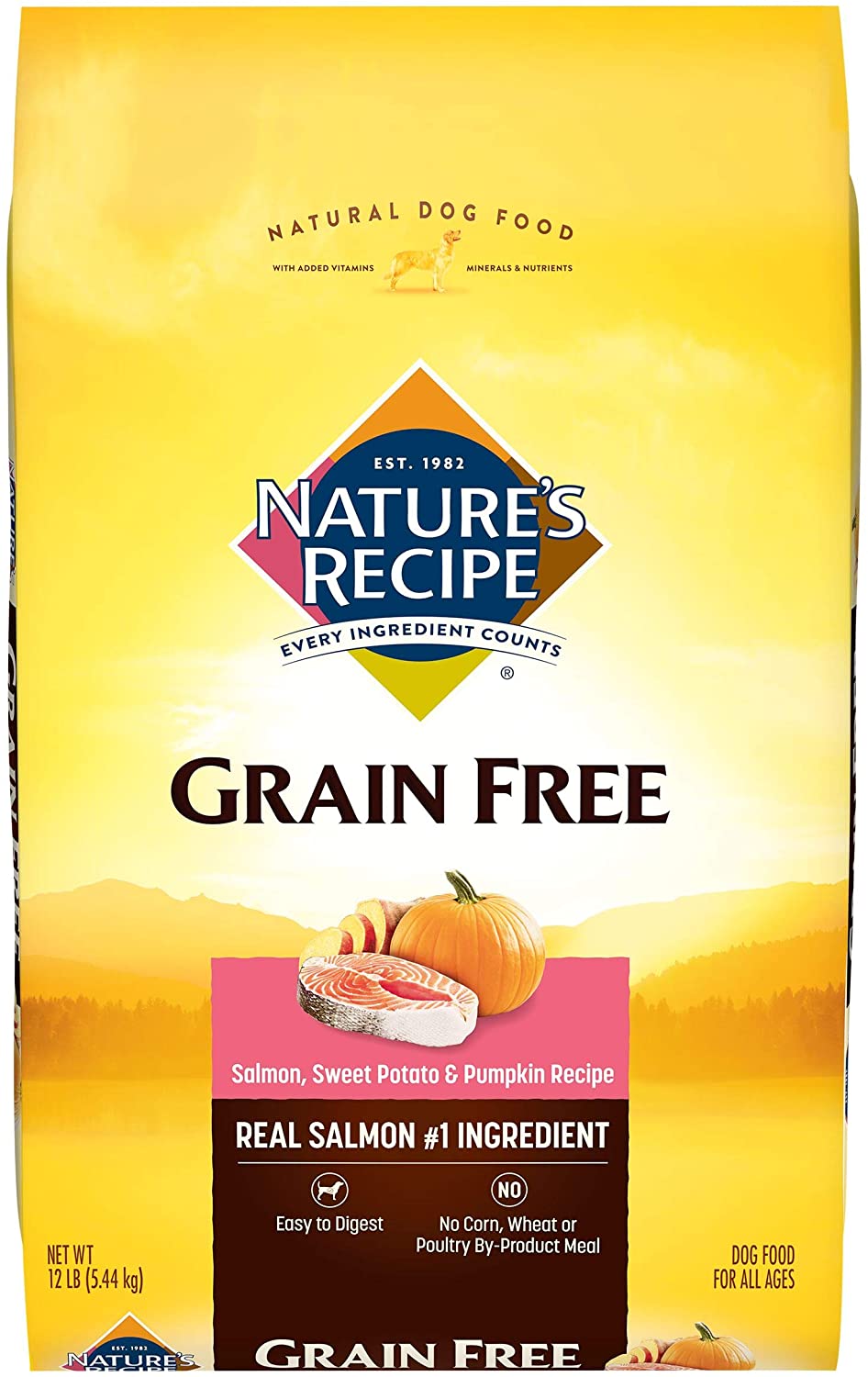 Nature's Recipe Grain Free Dry Dog Food， Salmon， Sweet Potato and Pumpkin Recipe， 12 Pound Bag， Easy to Digest