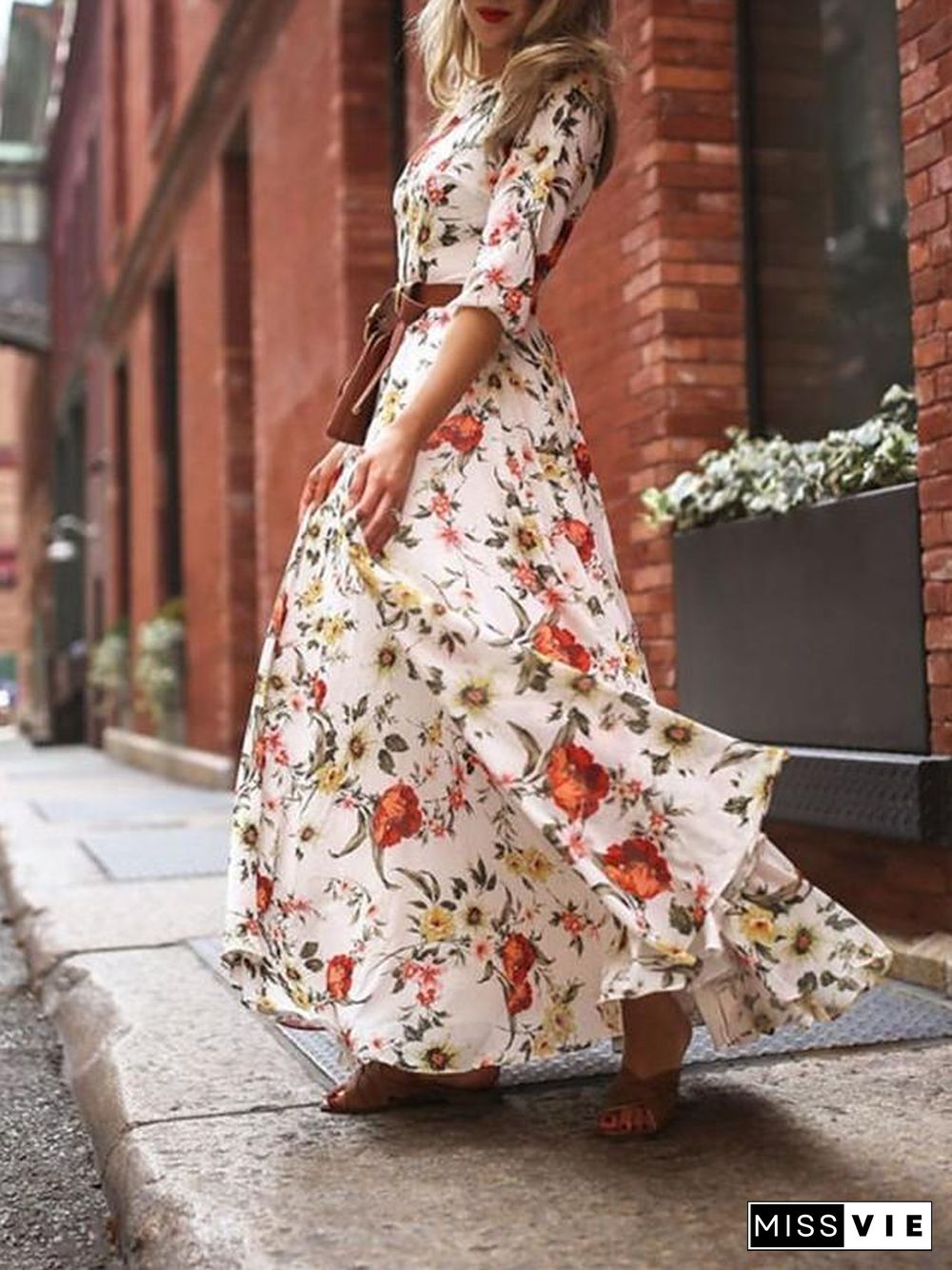 Women's Swing Dress Maxi long Dress - 3/4 Length Sleeve Floral Flower Print Spring Summer Casual Hot Holiday vacation dresses Lantern Sleeve Ruffle White S M L XL XXL