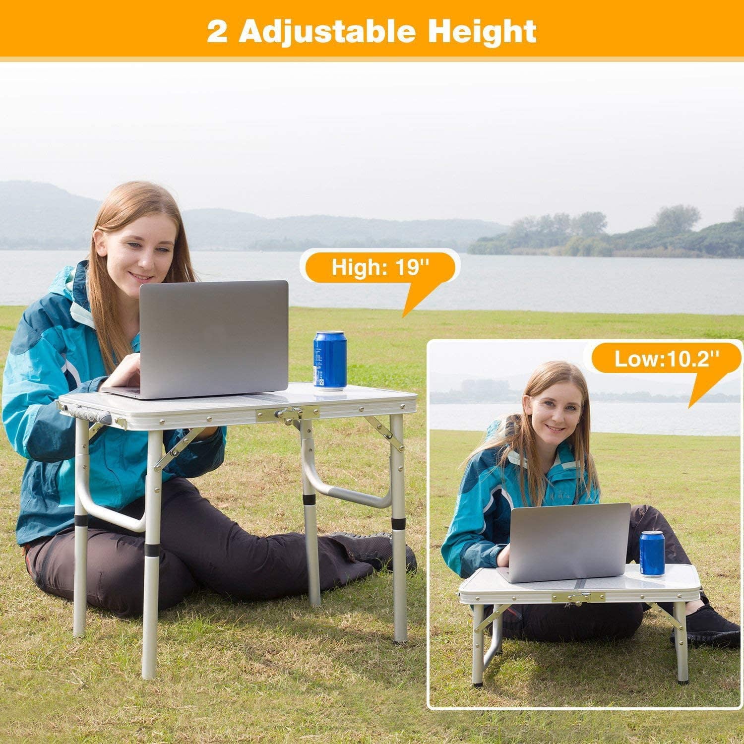 REDCAMP 2 Foot Folding Camping Table, Portable Lightweight Aluminum Table for Outdoor Picnic Cooking, White 2 Heights