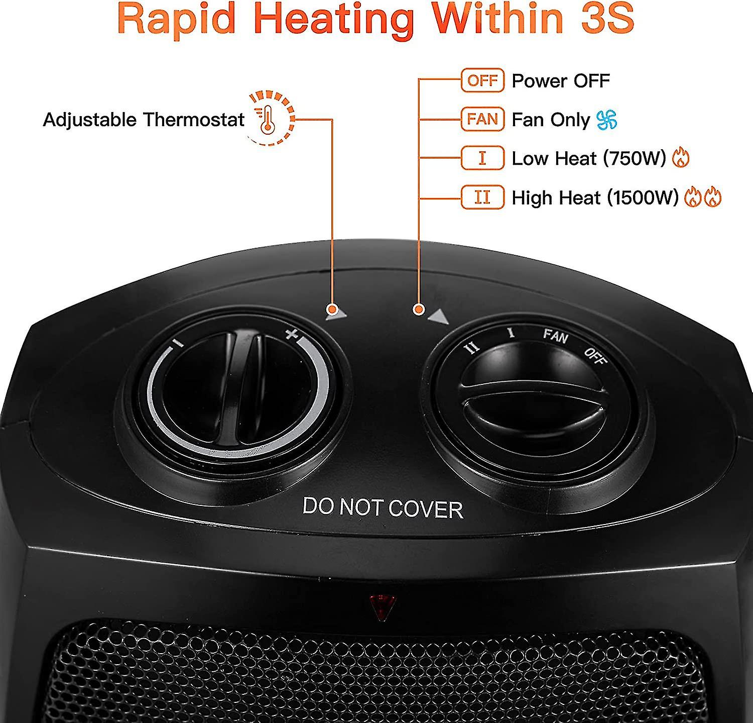 Portable Electric Space Heater With Thermostat， 1500w/750w Safe And Quiet Ceramic Heater Fan， Heat Up 200 Square Feet For Office Room Desk Indoor Use